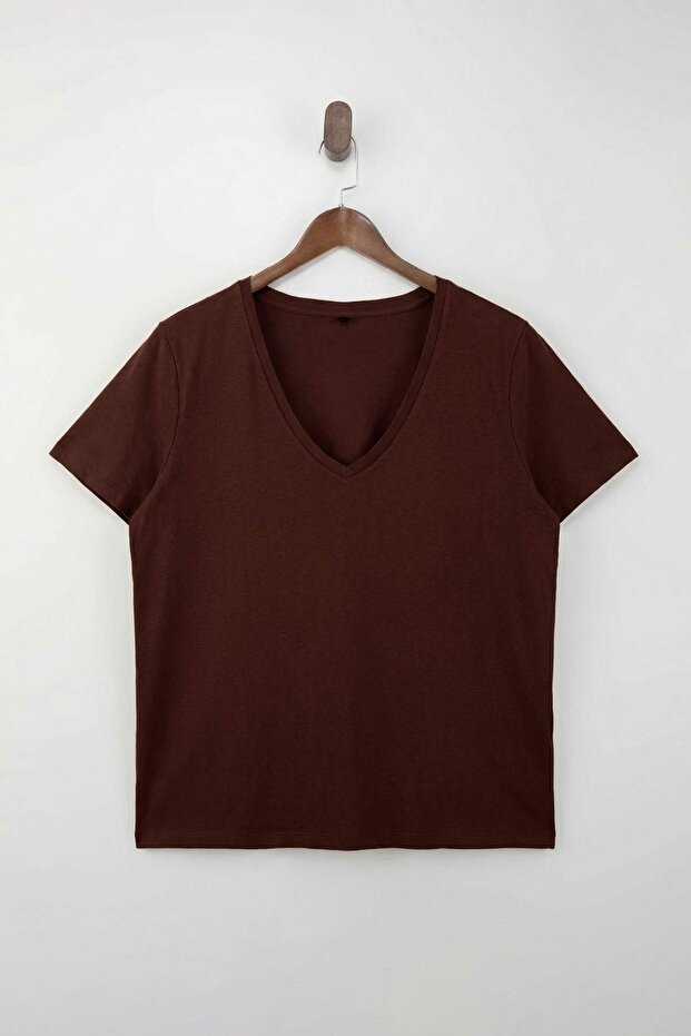 Kahverengi-Taş 2'li Paket Basic V Yaka %100 Pamuk Örme Büyük Beden T-Shirt TBBSS22TS0705 - 9