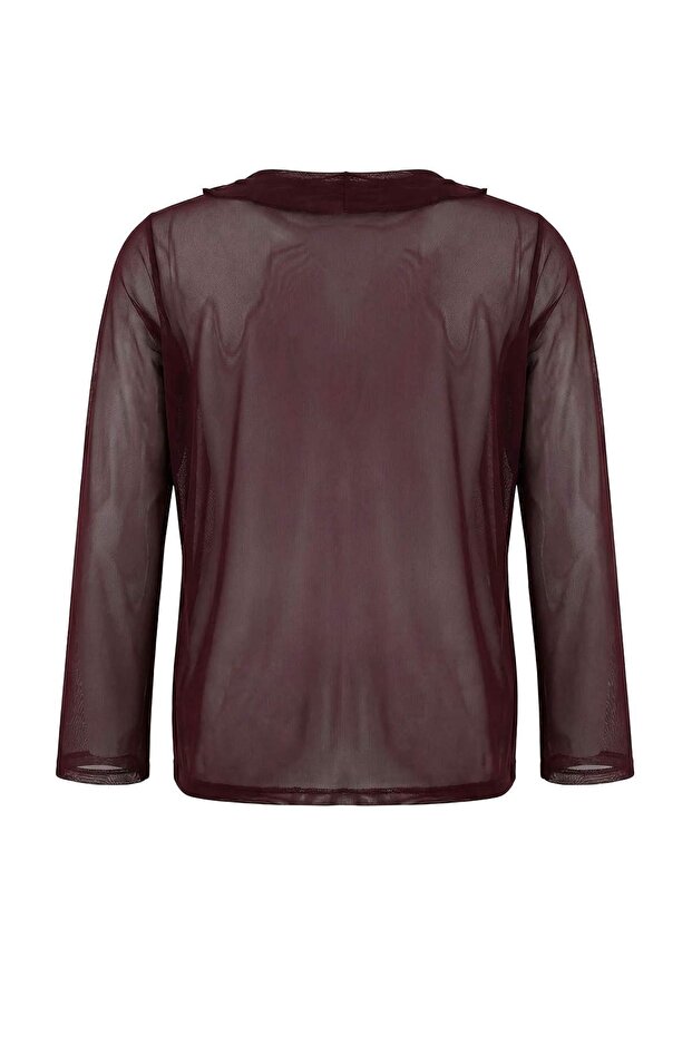 Bordo Çiçek Desenli Bağlamalı Tül Örme Büyük Beden Bluz TBBSS25AF00093 - 5