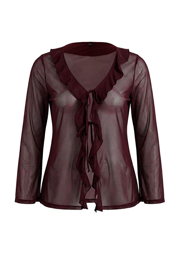 Bordo Çiçek Desenli Bağlamalı Tül Örme Büyük Beden Bluz TBBSS25AF00093 - 3