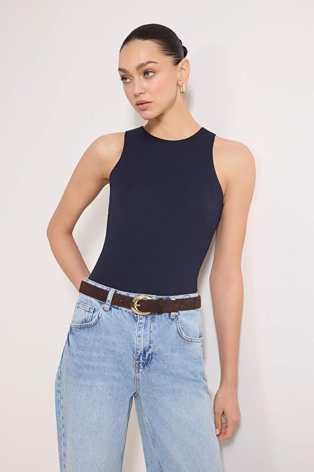 Lacivert Halter Yaka Vücuda Oturan Esnek Alttan Çıtçıtlı Örme Body TWOSS20BD0044 - 1