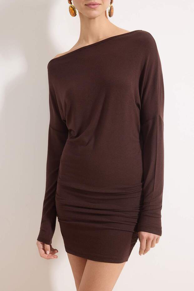 Kahverengi Asimetrik Yaka Bodycone/Vücuda Oturan Mini Örme Elbise TWOAW25EL00595 - 3