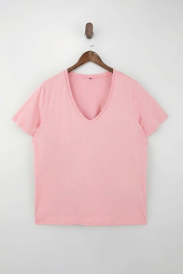 Bordo Pembe 2'li Paket Basic V Yaka %100 Pamuk Örme Büyük Beden T-Shirt TBBSS22TS0705 - 9