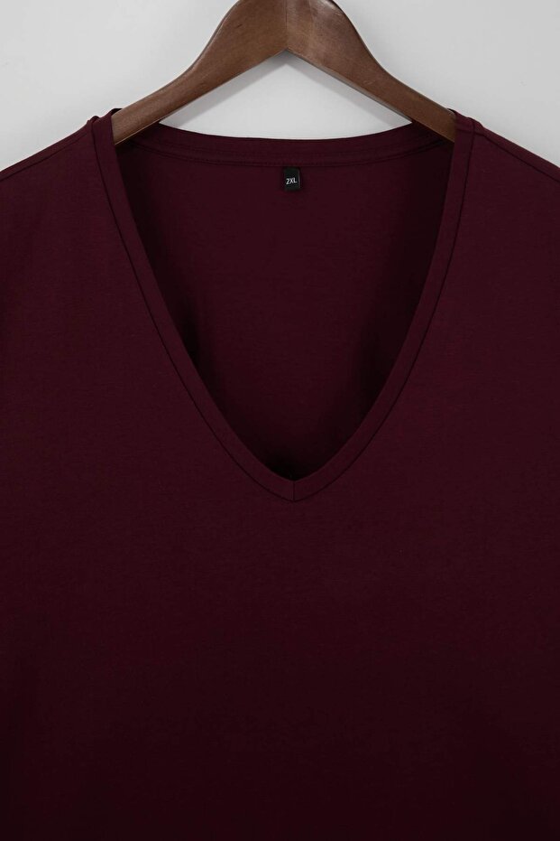Bordo Pembe 2'li Paket Basic V Yaka %100 Pamuk Örme Büyük Beden T-Shirt TBBSS22TS0705 - 8
