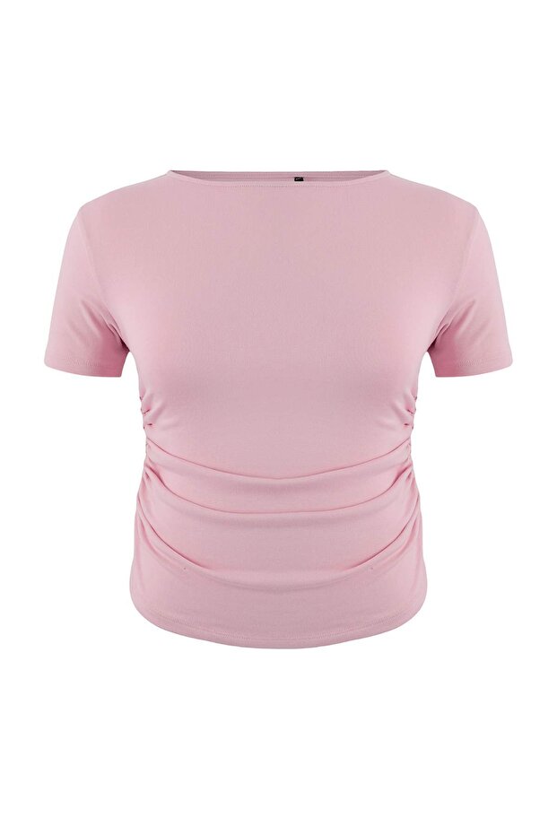 Açık Pembe Viskon Ribana Yanı Büzgülü Örme Büyük Beden Bluz TBBSS26AF00060 - 3