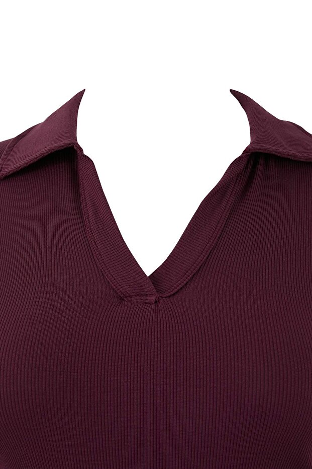 Mürdüm Polo Yaka Vücuda Oturan Fitilli Örme Bluz TBBSS22BZ0750 - 4