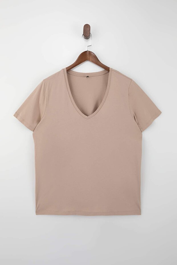 Kahverengi-Taş 2'li Paket Basic V Yaka %100 Pamuk Örme Büyük Beden T-Shirt TBBSS22TS0705 - 7