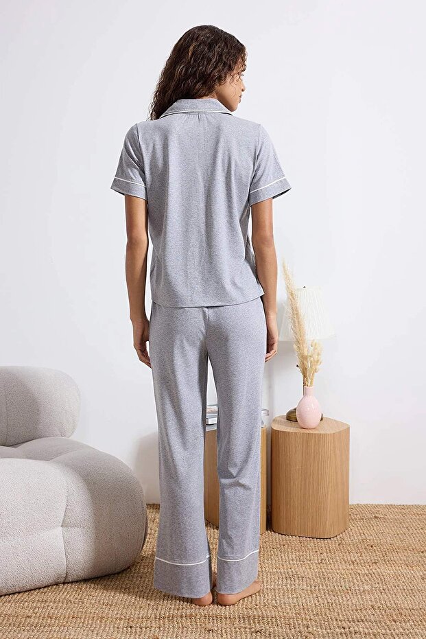 Gri Melanj Biyeli Cep Detaylı Viskon Örme Pijama Takımı THMSS26PT00047 - 4