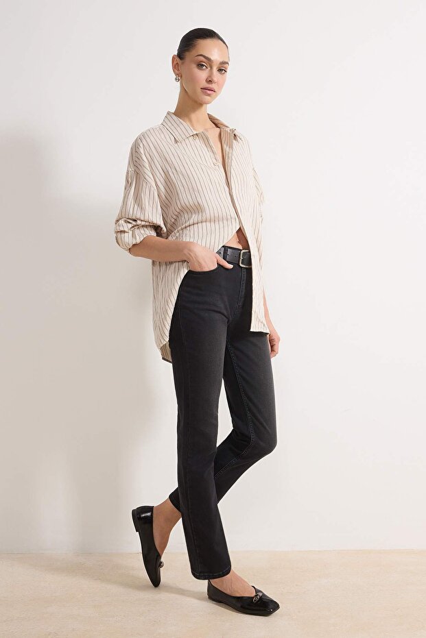 Siyah Yüksek Bel Straight Yumuşak Ekstra Esneyen Örme Kot/Jeans TWOSS26JE00104 - 3
