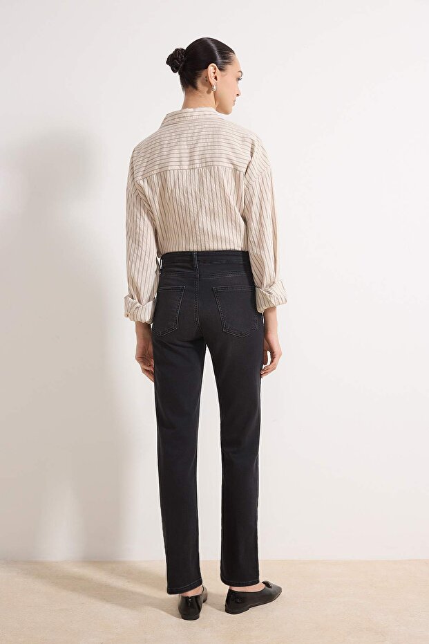 Siyah Yüksek Bel Straight Yumuşak Ekstra Esneyen Örme Kot/Jeans TWOSS26JE00104 - 5