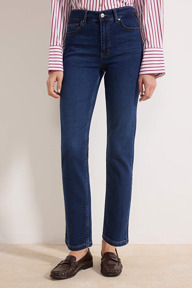 Koyu Mavi Yüksek Bel Straight Yumuşak Ekstra Esneyen Örme Kot/Jeans TWOSS26JE00104 - 4