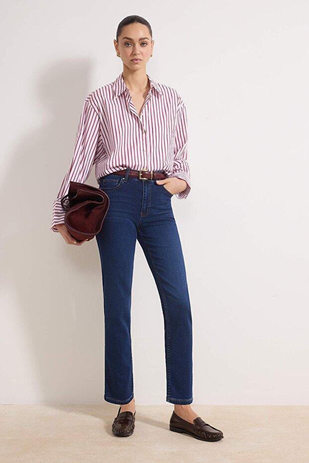 Koyu Mavi Yüksek Bel Straight Yumuşak Ekstra Esneyen Örme Kot/Jeans TWOSS26JE00104 - 2