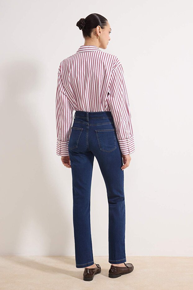 Koyu Mavi Yüksek Bel Straight Yumuşak Ekstra Esneyen Örme Kot/Jeans TWOSS26JE00104 - 5