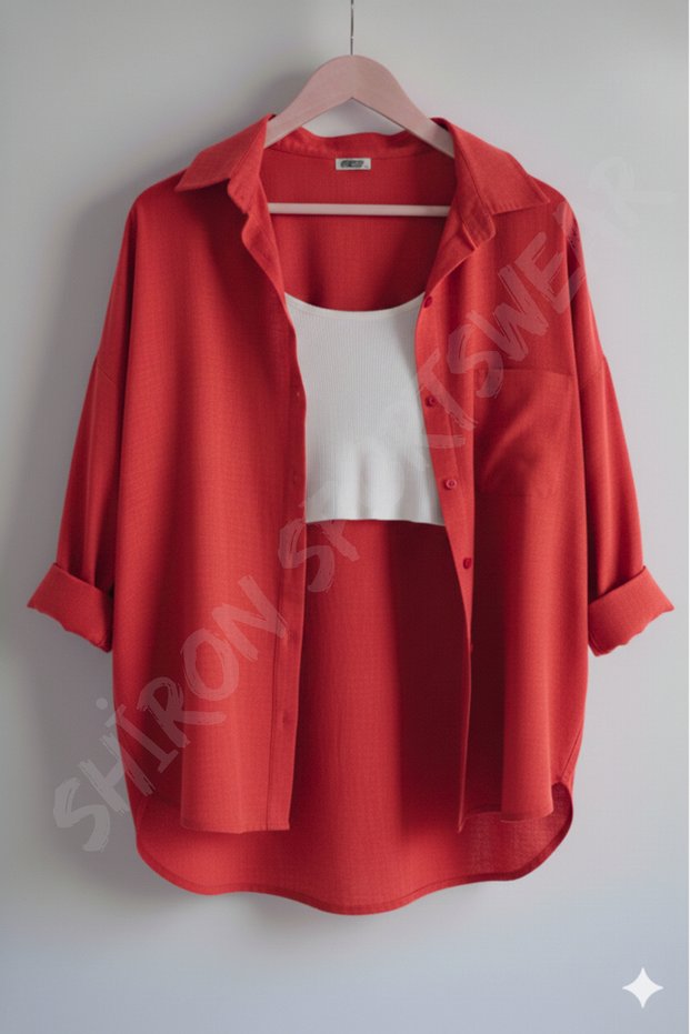 Women's Red Oversized Linen Shirt 100% Cotton