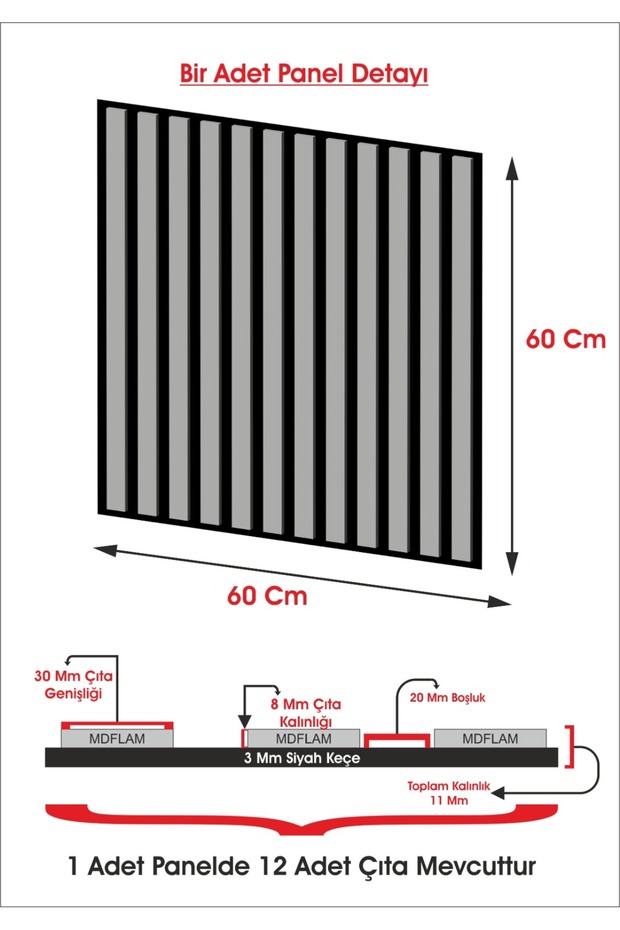 Mini Eko Akustik Ahşap Panel Antrasit Gri - 60x60cm - 6