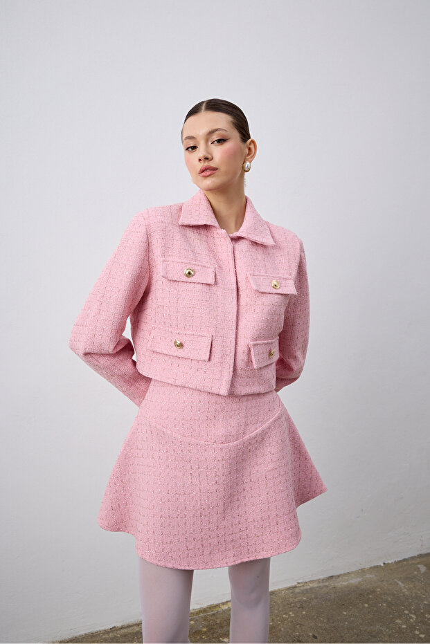 Tweed Jacket with Flap Collar Pink