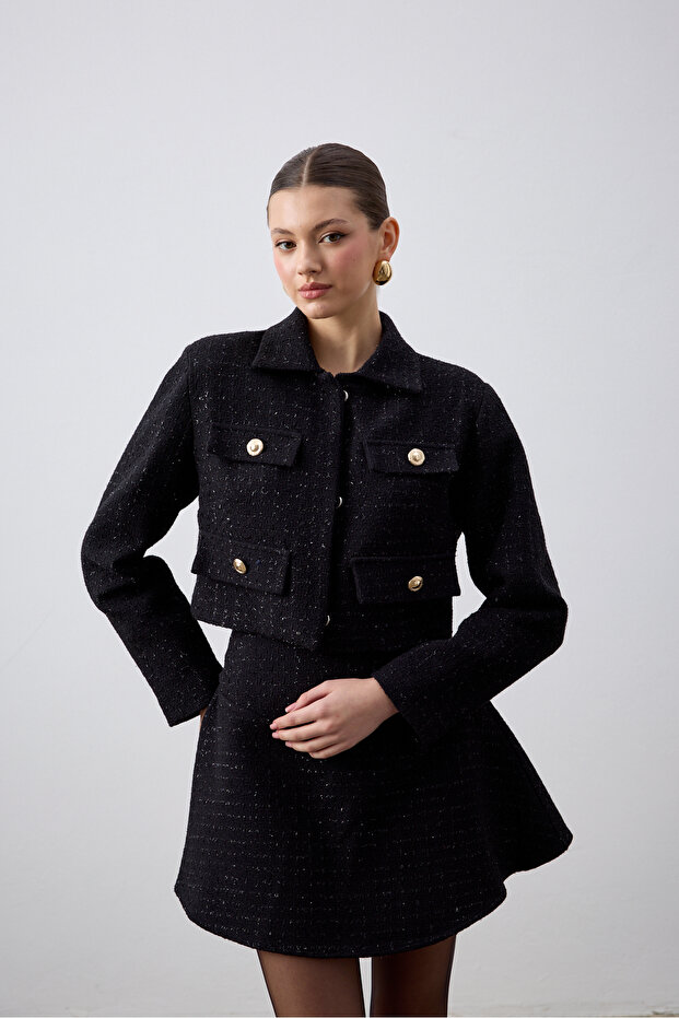 Tweed Jacket with Flap Collar Black