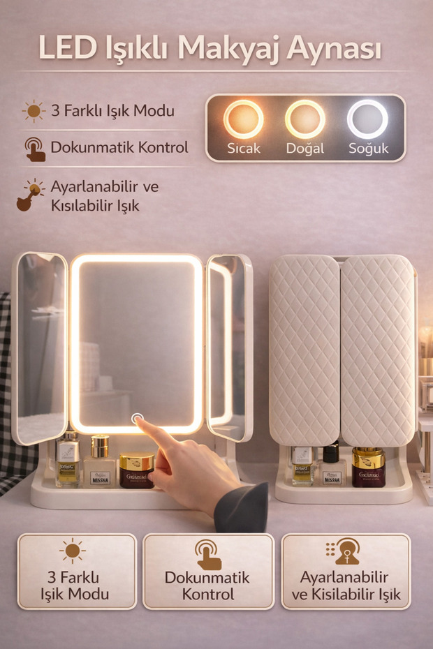 Weisre LED Işıklı Kapaklı Makyaj Aynası Çoklu ve Büyüteçli, Dokunmatik Kontrollü