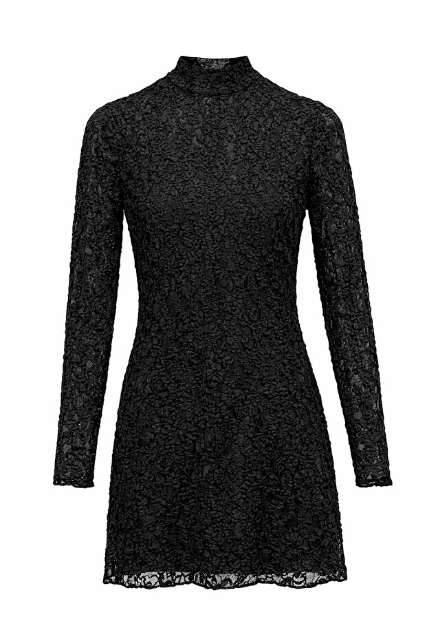 Siyah Dantelli Mini Elbise - 2