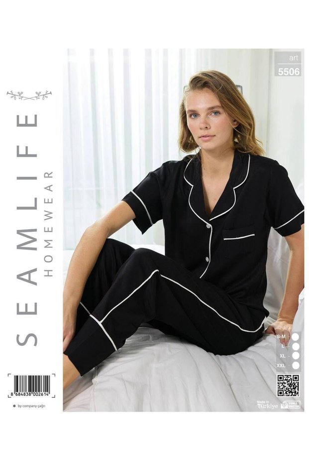 Women's Short Sleeve Woven Front Button Shirt Pajama Set