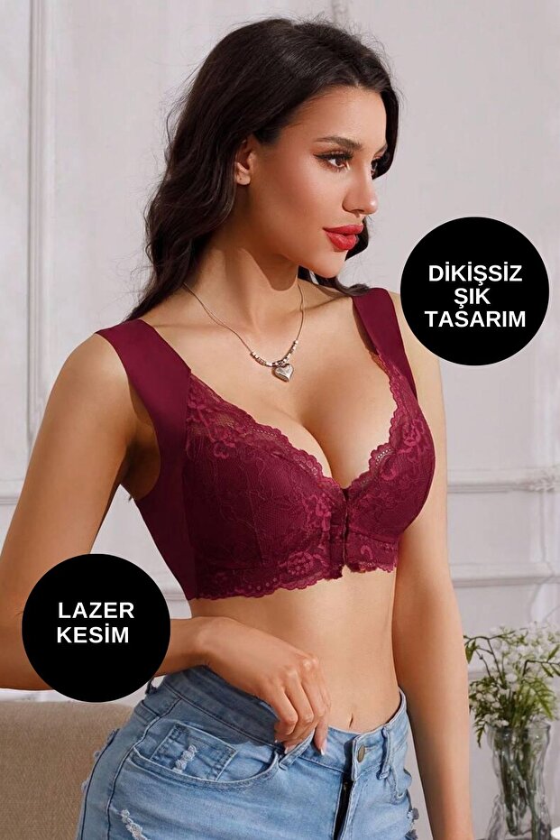 Women's Push up Front Fastened Padded Bonny Floral Patterned Stitch-Free Lace Bralet Bra Bra