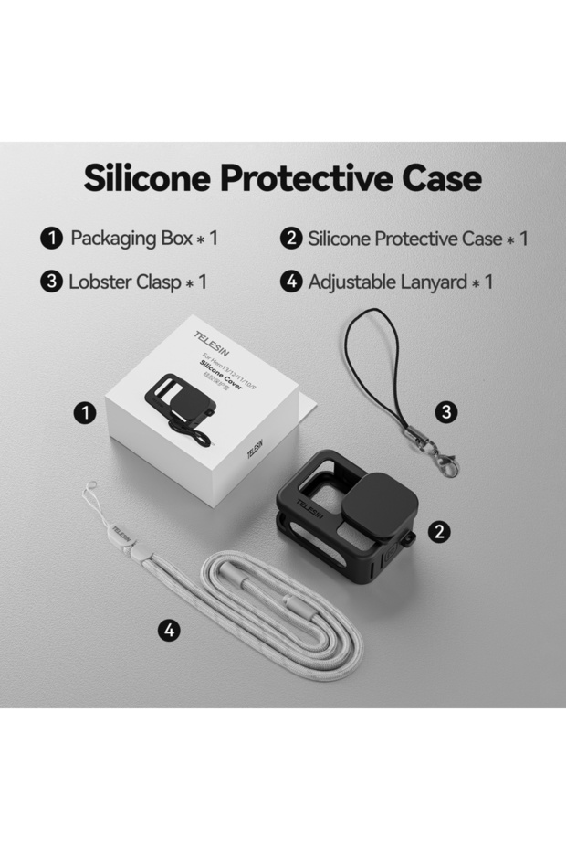 Black TELESIN Silicone Protective Case For GoPro 13 12 11 10 9 Lens Cap Black Hand Neck Wrist Strap