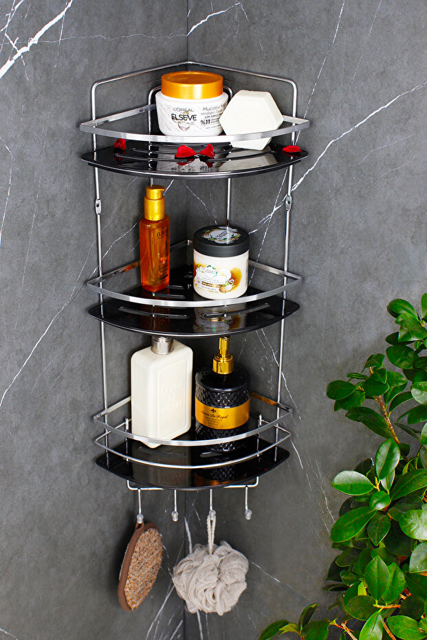 Triple Shampoo Holder with Crystal Shelf and Chrome Lamas Adhesive Bathroom Organizer Corner Shelf