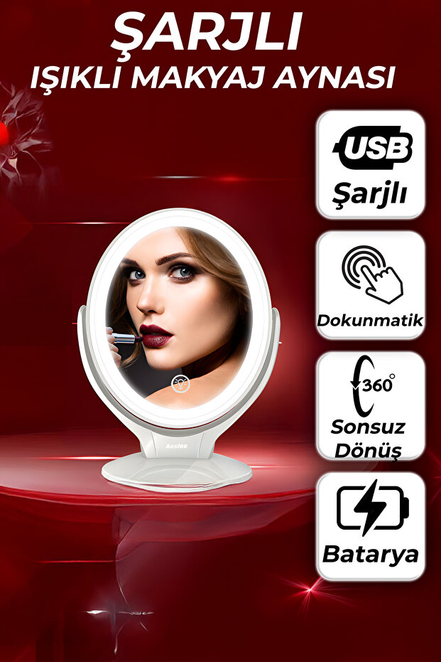 anaway shopping LED Işıklı Makyaj Aynası Şarjlı 7x Büyüteçli Dokunmatik Taşınabilir