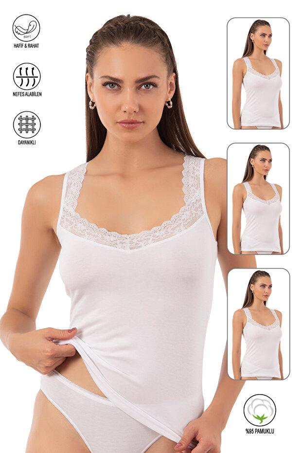 Özkan 0181 3-Pack 95% Cotton Stretch Fabric Single Jersey Fabric Lace Collar Flexible Comfortable Thick Strap Undershirt