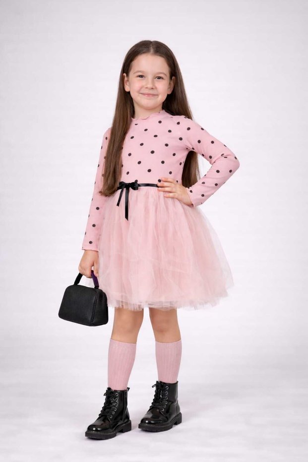 Polka Dot Girl's Long Sleeve Tulle Dress for Birthday and Special Occasions