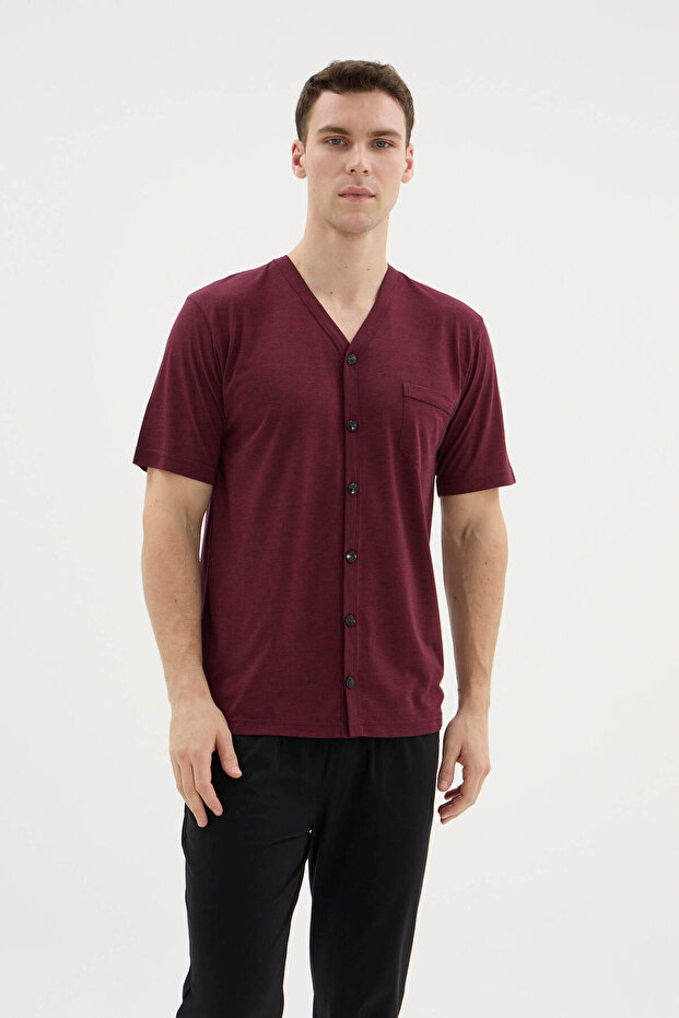 طقم بيجامة رجالي بياقة على شكل V وأزرار طويلة - ملابس خارجية - 5