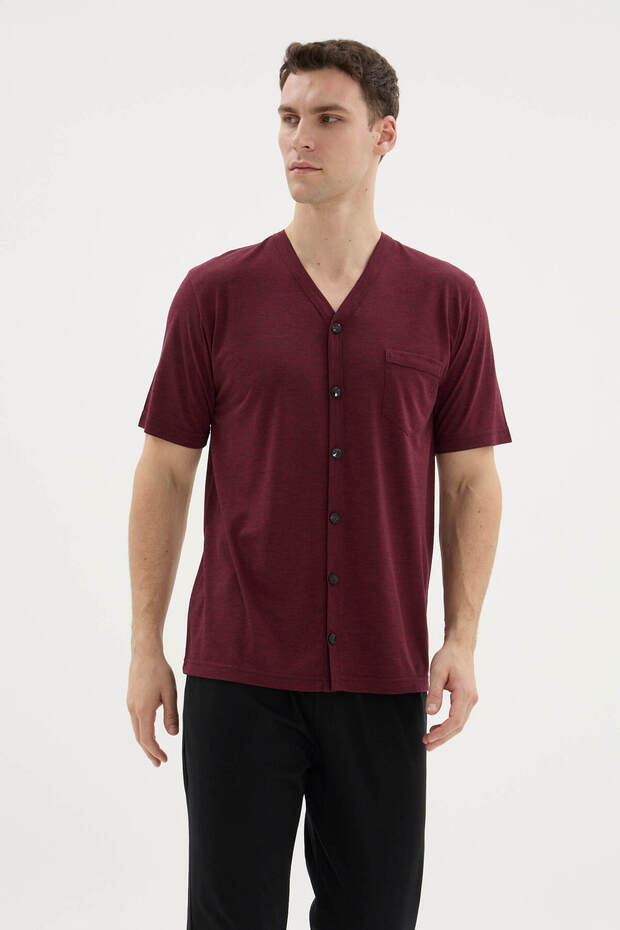 طقم بيجامة رجالي بياقة على شكل V وأزرار طويلة - ملابس خارجية - 2