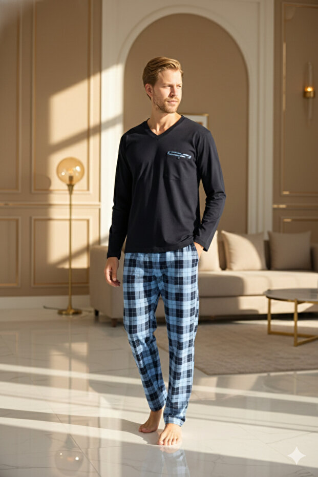 100% Cotton New Season Men's Luxury Design V-Neck Pajama Set