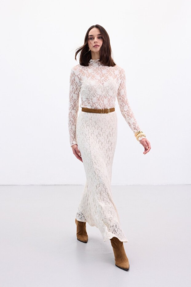 Fusta lungă din dantelă - Bej - 3