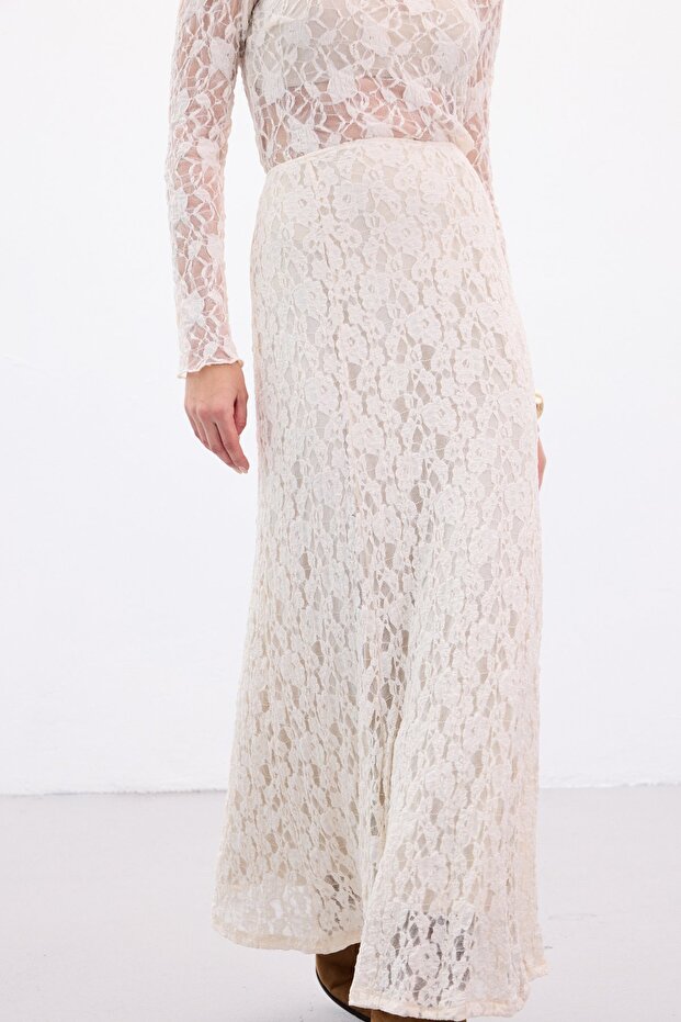 Fusta lungă din dantelă - Bej - 6