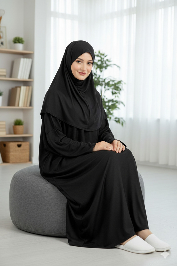Women's practical prayer dress with black hijab