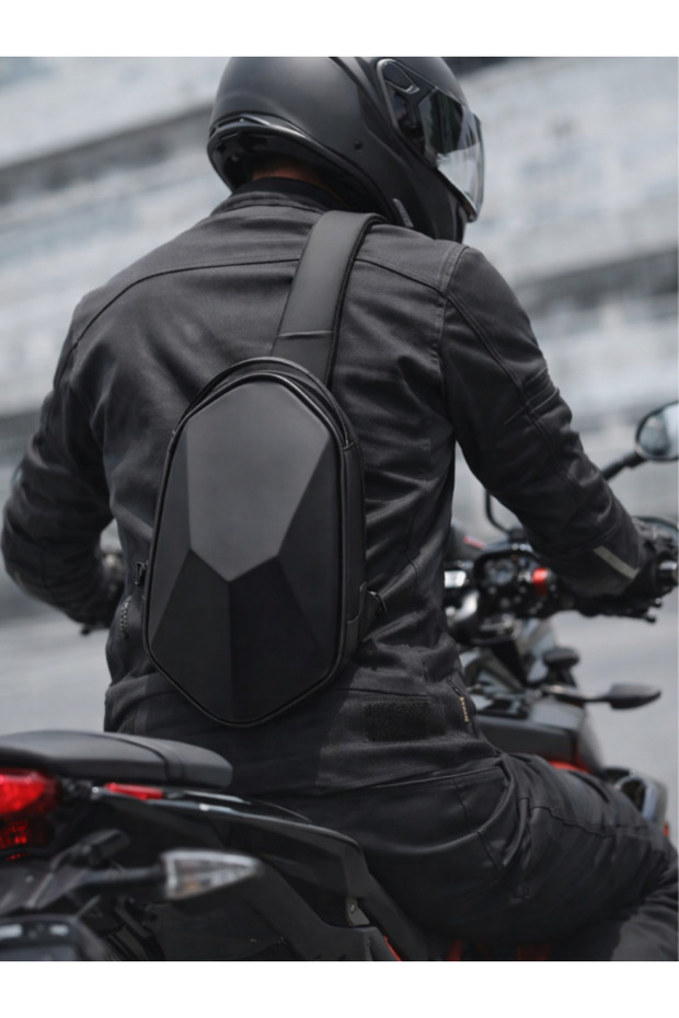 Black Biker Cross Shoulder and Waist Bag Hard Shell Design with Double Direction Strap