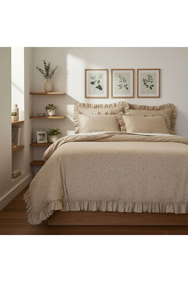 Valentine's Day Double Duvet Cover Set Minimal Heart Pattern Ruffled 4-Piece 100% Cotton