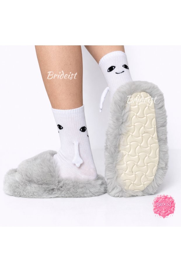 Light Gray Furry Slippers | Light Gray Furry Bridal Slippers | Party, Home, Kokoş, Eva Sole Slippers | Slipper