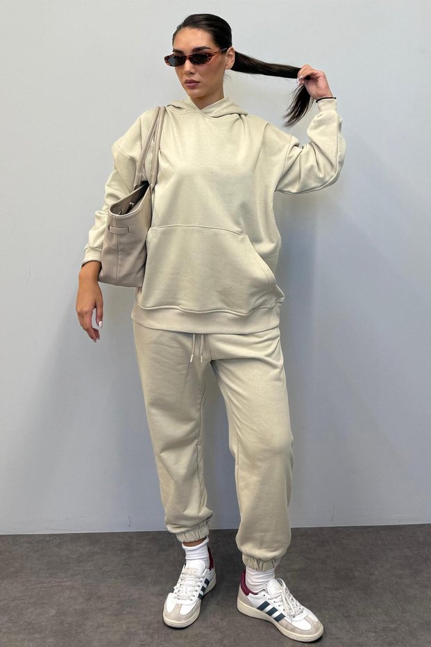 Mad Girls Beige Hooded Women's Tracksuit Set Mg1225