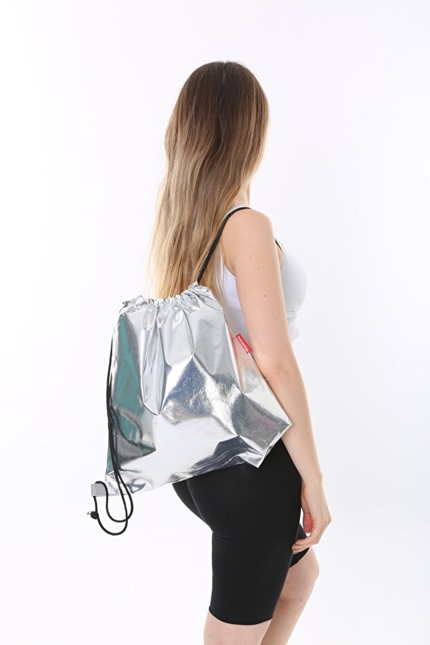 Silver Gray Shiny Backpack - 6