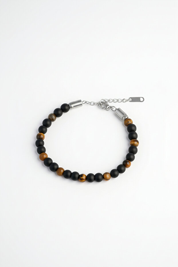 Men's Steel Bracelet with Tiger's Eye and Onyx Natural Stones - Adjustable 22 cm