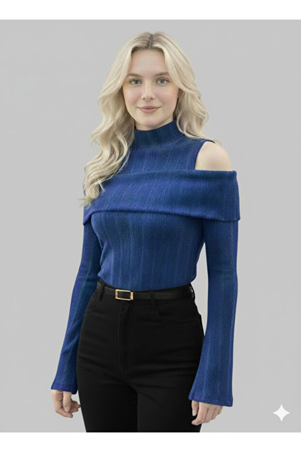 Women's New Product Sax Modanna Collar Spanish Sleeve Turtleneck Wrinkled Fabric Blouse