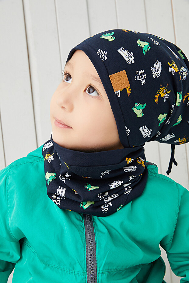 Navy Blue Figured Boy Baby Beanie Neck Collar Set 100% Cotton Combed Cotton Double Layer Comfortable Soft