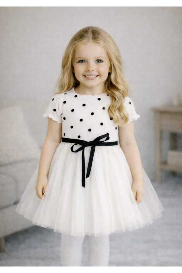 Linda Short Sleeve Girls Princess Fluffy Ecru Dress Polka Dot Stretchy Lycra Dress Tutu Dress