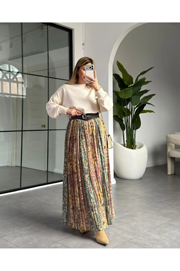 Green Printed Skirt - 3374