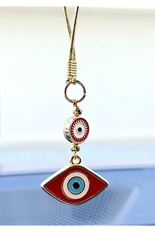 Gilded Red Slanted Eye Shaped Evil Eye Beaded Car Mirror Ornament Car Charm Evil Eye Protection