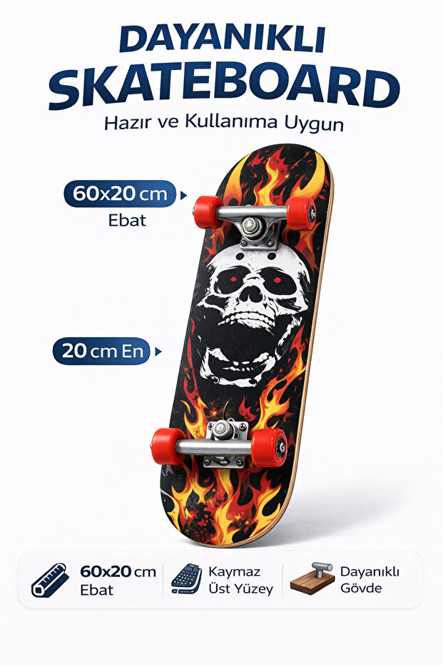 Janissary Kaykay Kafatası Alev Desenli 60x20 cm | Dayanıklı Ahşap Tabla | Kaymaz Zımpara | Dengeli Sürüş