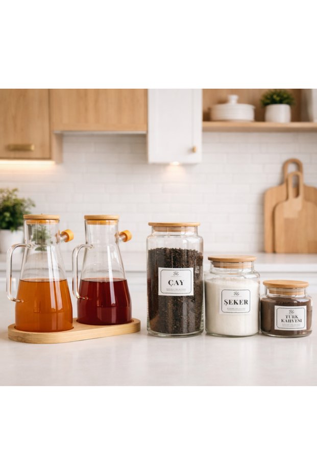 6 Pieces Bamboo Stand Set of 2 900 ml Glass Oil Pot and 3 Tea Sugar Turkish Coffee Storage Jar Set