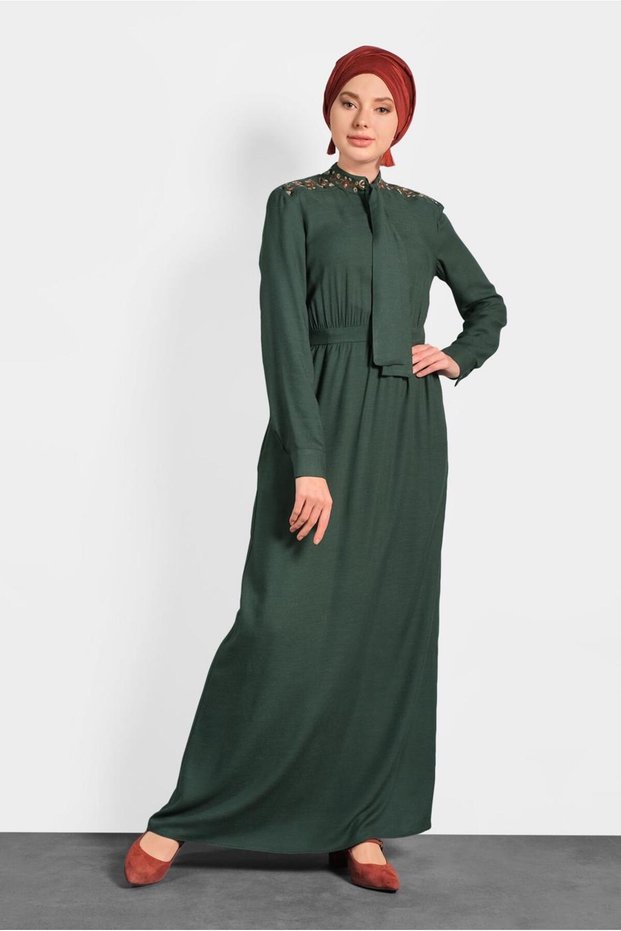 Embroidered Collar Tie Dress 40330