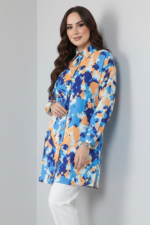 8890 Patterned Hijab Shirt Saxe Blue